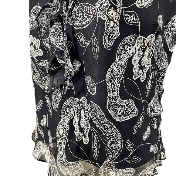 Vintage 90s Black White Paisley Print Ruffle Trim Silk Layered Tank Top Size PL - Picture 5 of 9